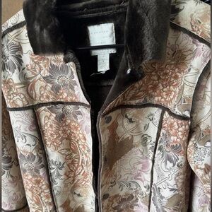 Floral Printed Women’s Coat with Faux Fur Trim - Pink & Brown